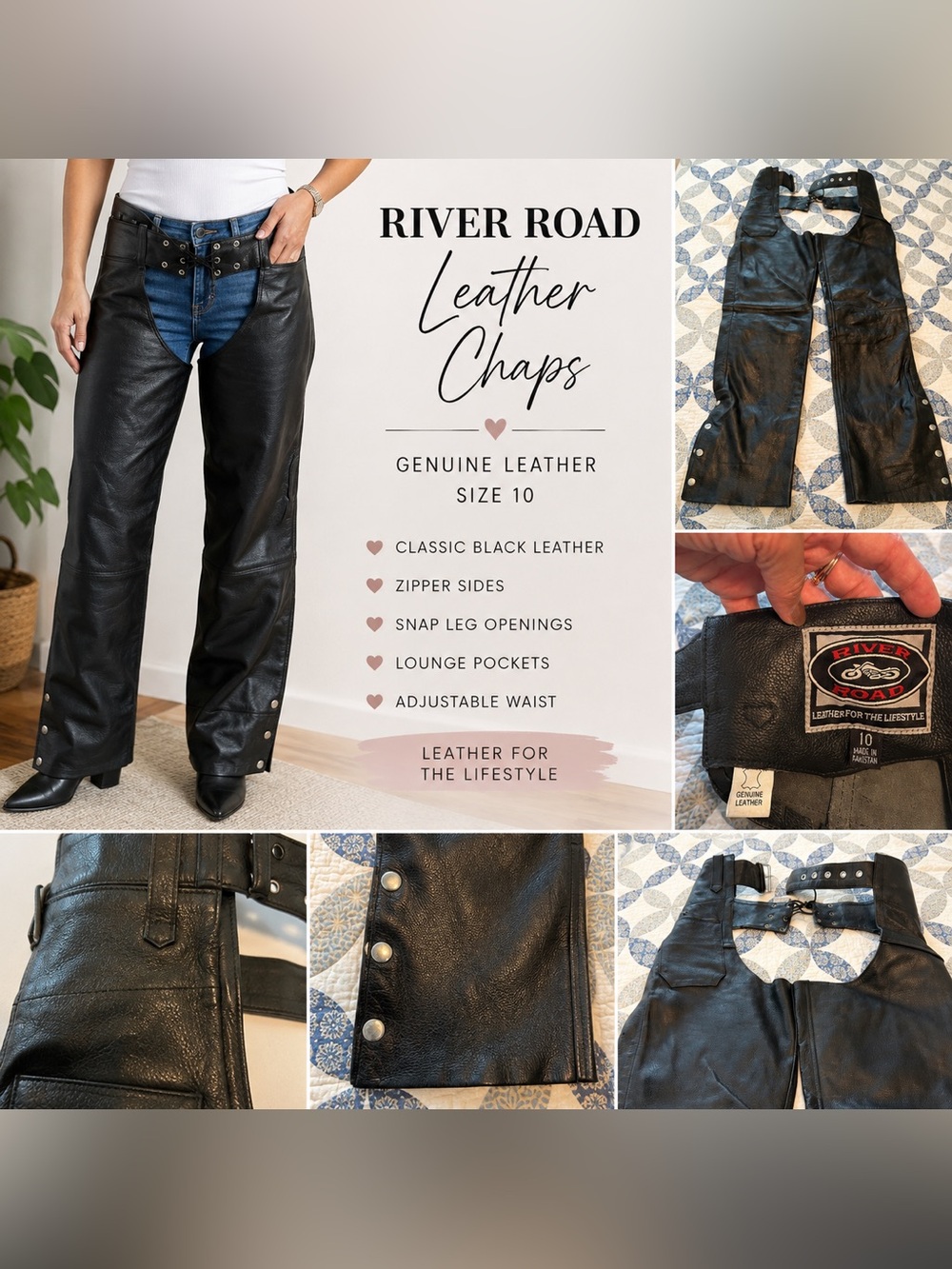 Ladies River Road Genuine Black Leather Chaps - Size 10